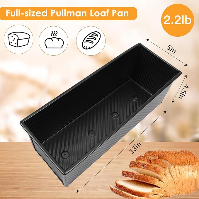 2.2lb Pullman Loaf Pan with Lid, 13inch SP-031 Bread Pan with Dough Scraper Cutter, Black Covered Loaf Pan for Sandwich Bread