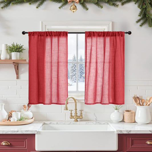 BGment Red Linen Kitchen Curtains Window Over Sink, Short Semi Sheer Drapes Christmas Decor with Rod Pocket Lightweight for Cafe Bathroom Windows, 2 Panels Set, Each 30 Inch Wide