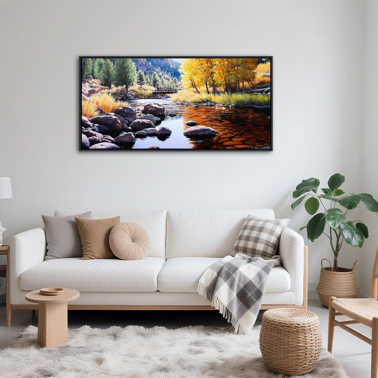 CHATYOUNG Fall Forest Wall Art, Yellow Green Tree River Landscape Canvas Picture Country Style Nature Lake Mountain Paintings Artwork for Living Room Bedroom Bathroom Office Home Wall Decor 20"X40"