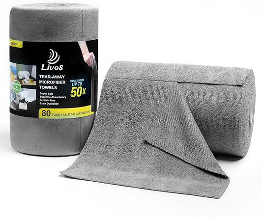 LIVOS Microfiber Cleaning Cloth Roll - 80 Pack, Reusable Paper Towels Grey Tear Away, Microfiber Towels for Cars, Super Absorbent Lint Free Cleaning Rags for House, Kitchen, Window-11.5"x11.5"