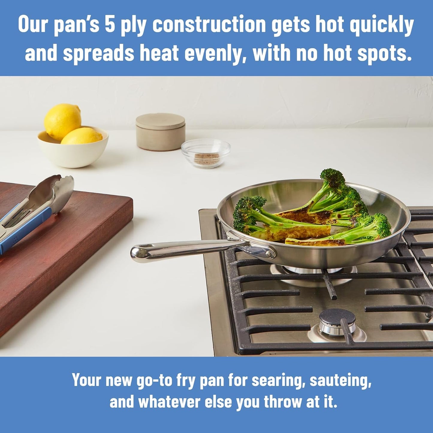 Misen 5-Ply Stainless Steel 12" Frying Pan - Professional Cookware for Induction, Gas and Electric - Dishwasher Safe, Oven Safe to 800°F - Durable, Versatile, Even Heating