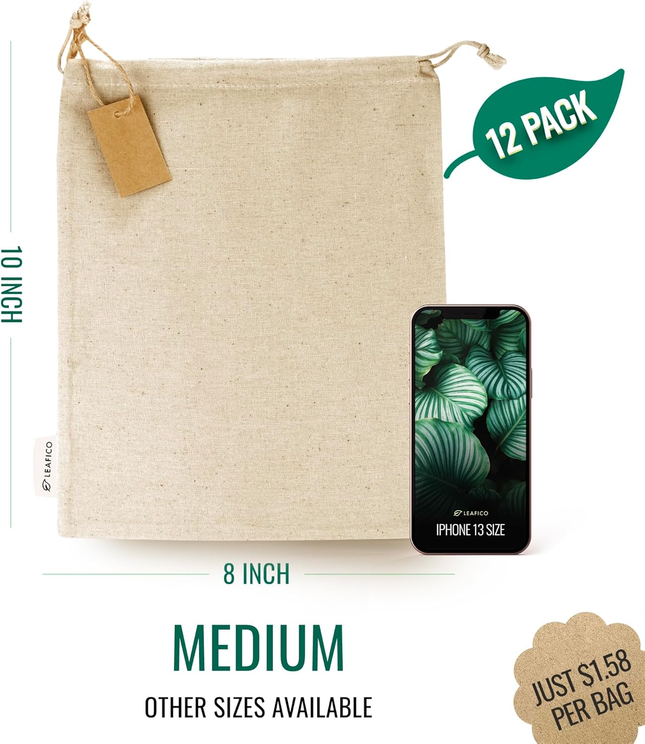 Organic Cotton Produce Bags - Medium 8x10 Inch (12 Bags) - Reusable Muslin Storage Bags with Drawstrings - Biodegradable Canvas Fabric - Perfect for Snacks, Clothes