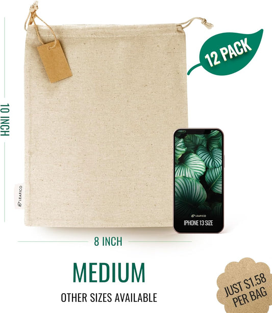 Organic Cotton Produce Bags - Medium 8x10 Inch (12 Bags) - Reusable Muslin Storage Bags with Drawstrings - Biodegradable Canvas Fabric - Perfect for Snacks, Clothes