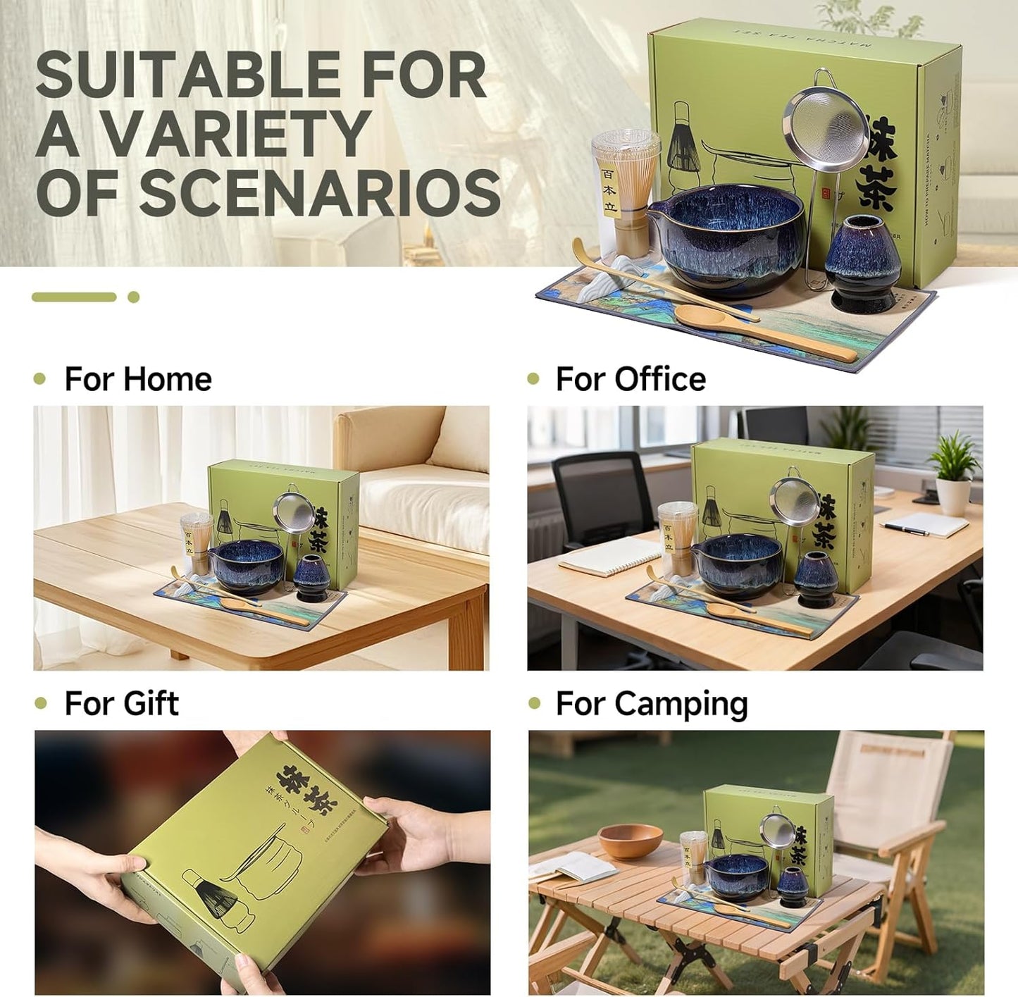 Matcha Whisk Set with Ceramic Bowl - Bamboo Whisk (Chasen), Scoop, Sifter & Holder - Complete Kit for Traditional Matcha Tea - Unique Gifts for Women, Men, Tea Lovers (Luminous-Auric-Sands)