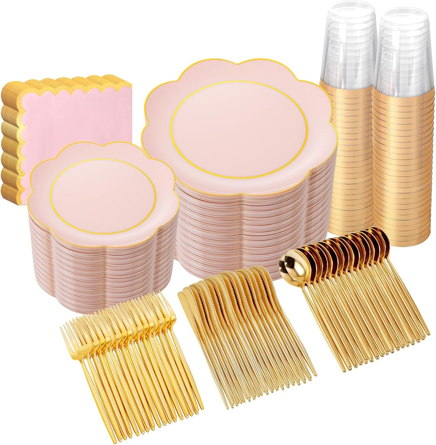 WONDERFUL 350PCS Pink Plastic Plates for Party Plates Disposable Heavy Duty Pink Gold Wedding Plate High End Plastic Dinnerware Sets for 50 Guests - Plate and Cups and Wedding Napkins Sets Large Party