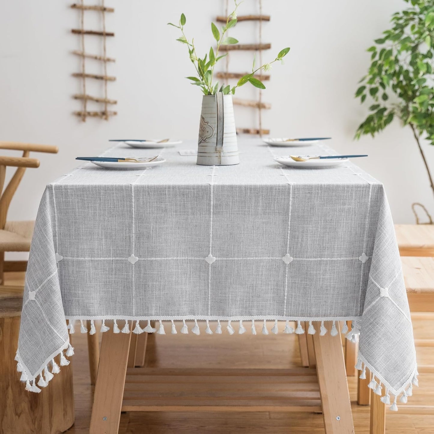 Oubonun Cotton Linen Square Tablecloth - Wrinkle Resistant & Waterproof - Machine Washable Table Cloth with Tassels for Kitchen & Dining, 55''x55'', 4 Seats, Grey