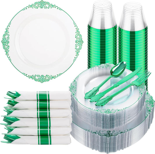Hioasis 175pcs Clear Green Plastic Plates - Elegant Disposable Dinnerware Set Suitable for 25 Guests Include 10.25" Dinner & 7.5" Dessert Plates, Pre Rolled Silverware Set, Cups for Party & Wedding