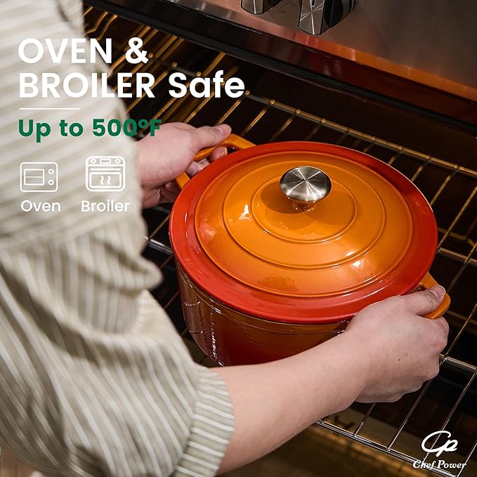 Chef Power Dutch Oven Pot with Lid 5QT, Enameled Cast Iron Dutch Oven for Bread Baking, Braising, Stews, Roasting, Oven Safe Dutch Ovens, Gradient Orange