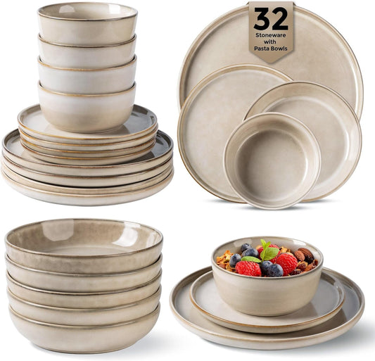 GBHOME 32 Pieces Double Bowls Ceramic Dinnerware Sets for 8, Stoneware Plates and Bowls Set with Reactive Glaze, Scratch Resistant Stoneware Dishes Set, Dishwasher & Microwave Safe