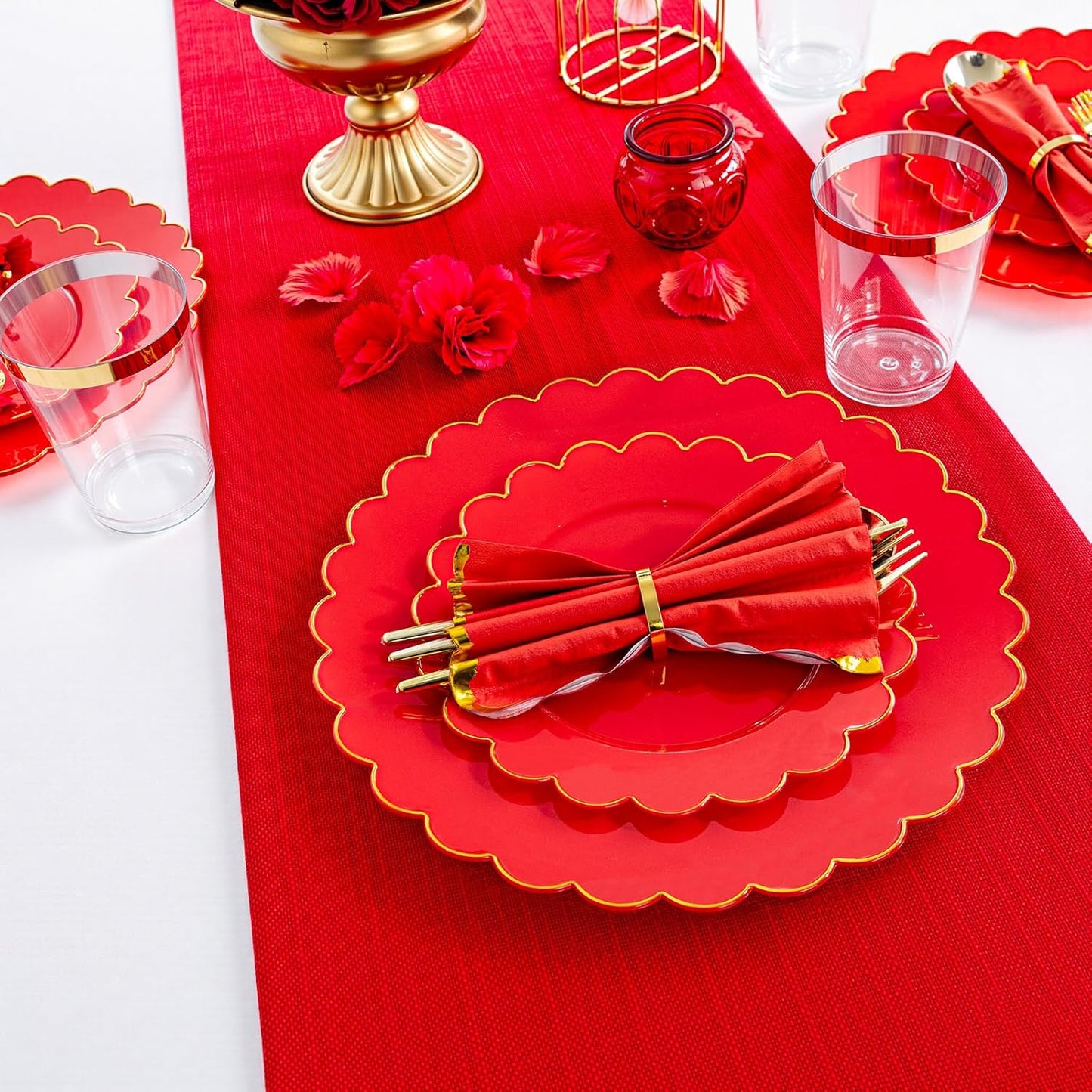 LIYH 210 Pcs Red Plastic Plates Christmas Plates and Napkins Disposable Christmas Dinnerware Set Gold Rim Scalloped Plate Include Dinner & Dessert Plate Gold Plastic Silverware Cups for Party Xmas Day