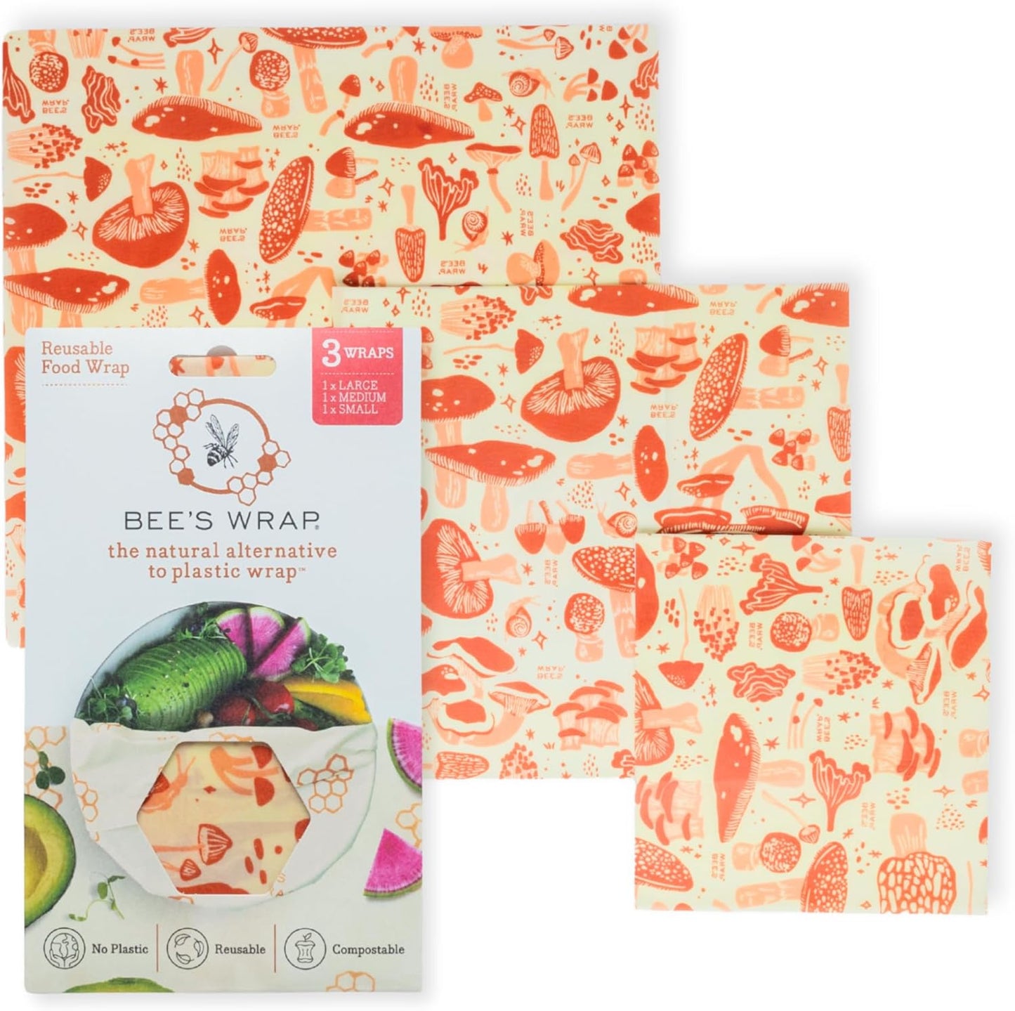 Bee's Wrap Beeswax Wraps for Food - Made in USA Reusable & Organic Food Wraps, Sandwich Wrap & Bowl Covers - Eco-Friendly Alternative to Aluminum Foil & Plastic Wrap, Mushroom Magic 3 Pack (S, M, L)