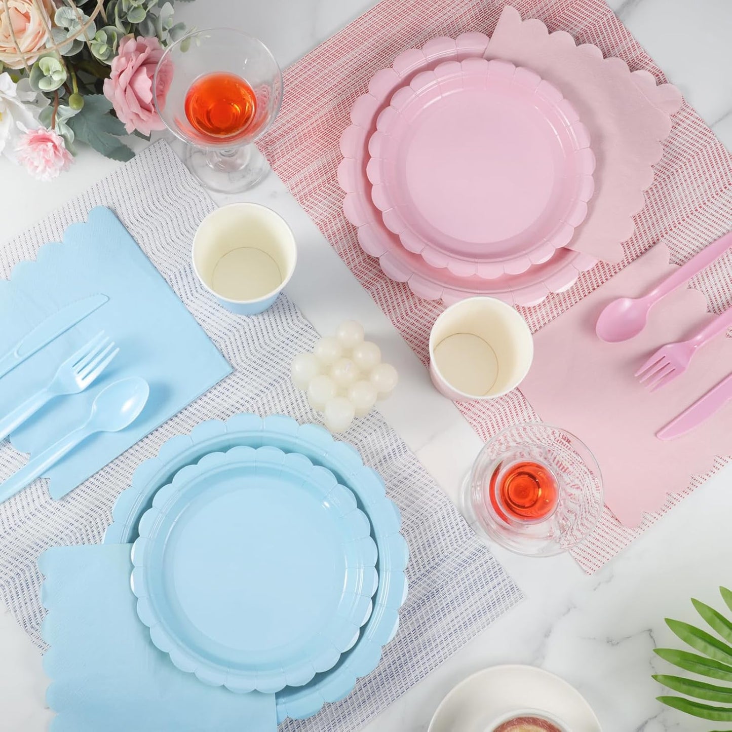 350 Pcs Baby Gender Reveal Plates and Napkins, 50 Guest Boy or Girl Gender Reveal Party Supplies Include Light Pink and Light Blue Plates Napkin Cup Plastic Spoon Fork Knive for Baby Shower