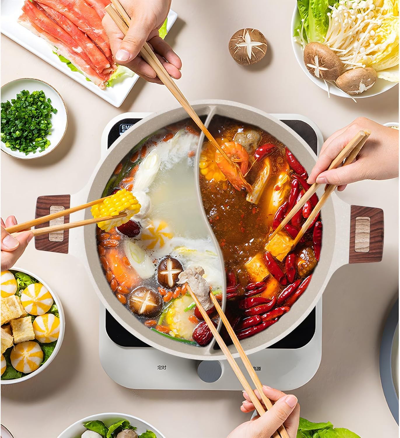 7-QT Shabu Shabu Hot Pot with Divider Double Flavor Divided Stockpot with Glass Lid Dual Sided Soup Cookware for Induction Cooktop Gas Stove Hot Burner