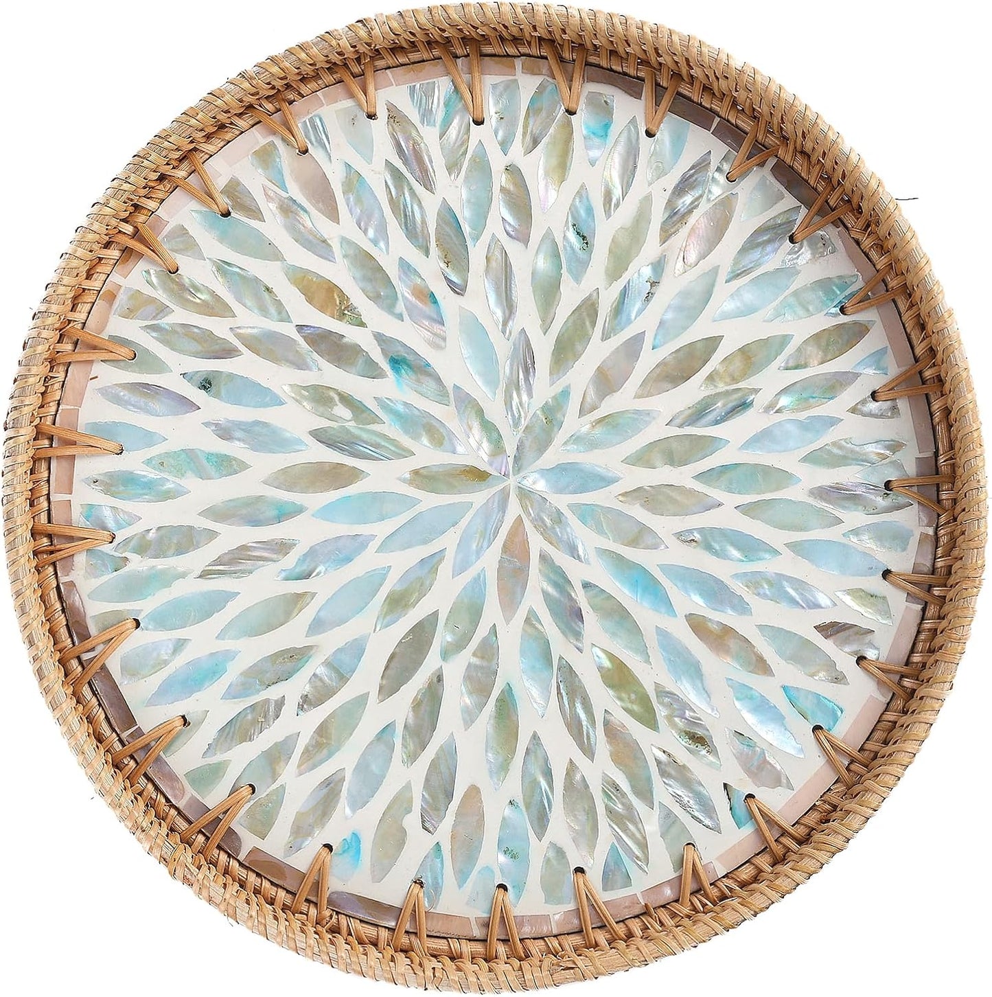 Round Rattan Tray with Mother of Pearl Inlay, Rattan Serving Tray for Coffee, Bread, Fruits, Decorative Wicker Tray for Table Decor, Home Decor, Kitchen Island Decor (Ambilight, 11.8")