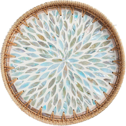Round Rattan Tray with Mother of Pearl Inlay, Rattan Serving Tray for Coffee, Bread, Fruits, Decorative Wicker Tray for Table Decor, Home Decor, Kitchen Island Decor (Ambilight, 11.8")