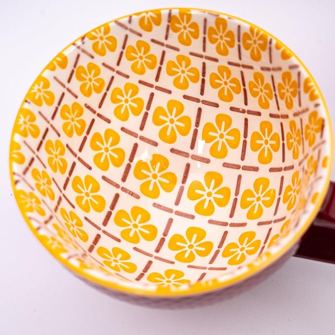 Topadorn Ceramic Coffee Mugs with Handle Set of 2, Hand-Painted Floral Pattern Ceramic Soup Mugs for Salad, Cappuccino, Cereal, Latte, Tea, Cocoa, Breakfast Oatmeal Cups(Blue & Red)