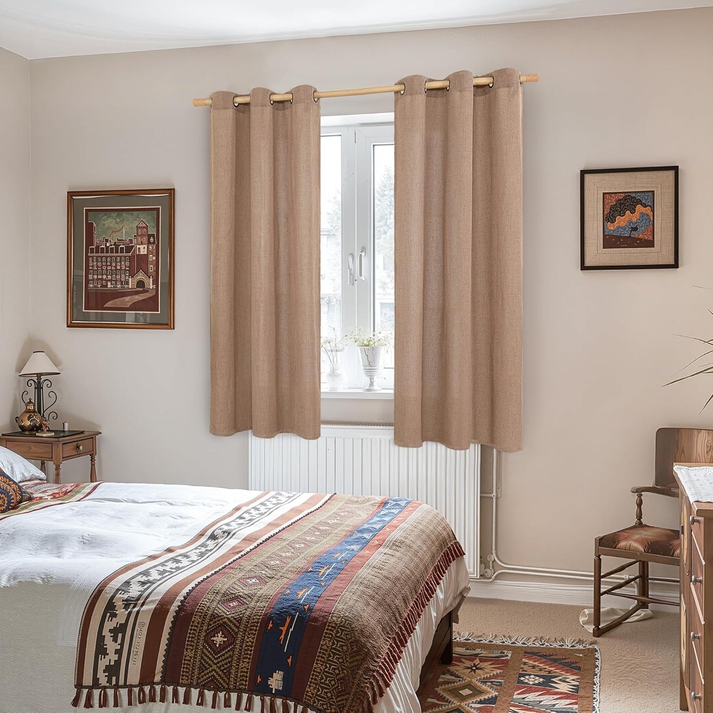 YoungsTex Linen Curtains 63 Inches Length for Short Living Room, Mocha Light Filtering Semi Sheer Drapes with Bronze Grommet for Bedroom, 2 Panels, 42 X 63 Inch