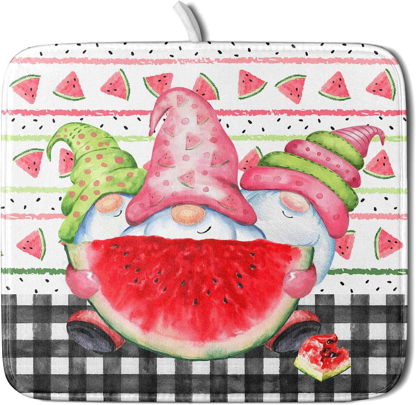 Kawani Gnomes Watermelon Dish Drying Mat for Kitchen Counter, Summer Watercolor Fruit Buffalo Check Quick Dry Absorbent Dishes Draining Mats Reversible Drainer Rack Pad 16 x 18
