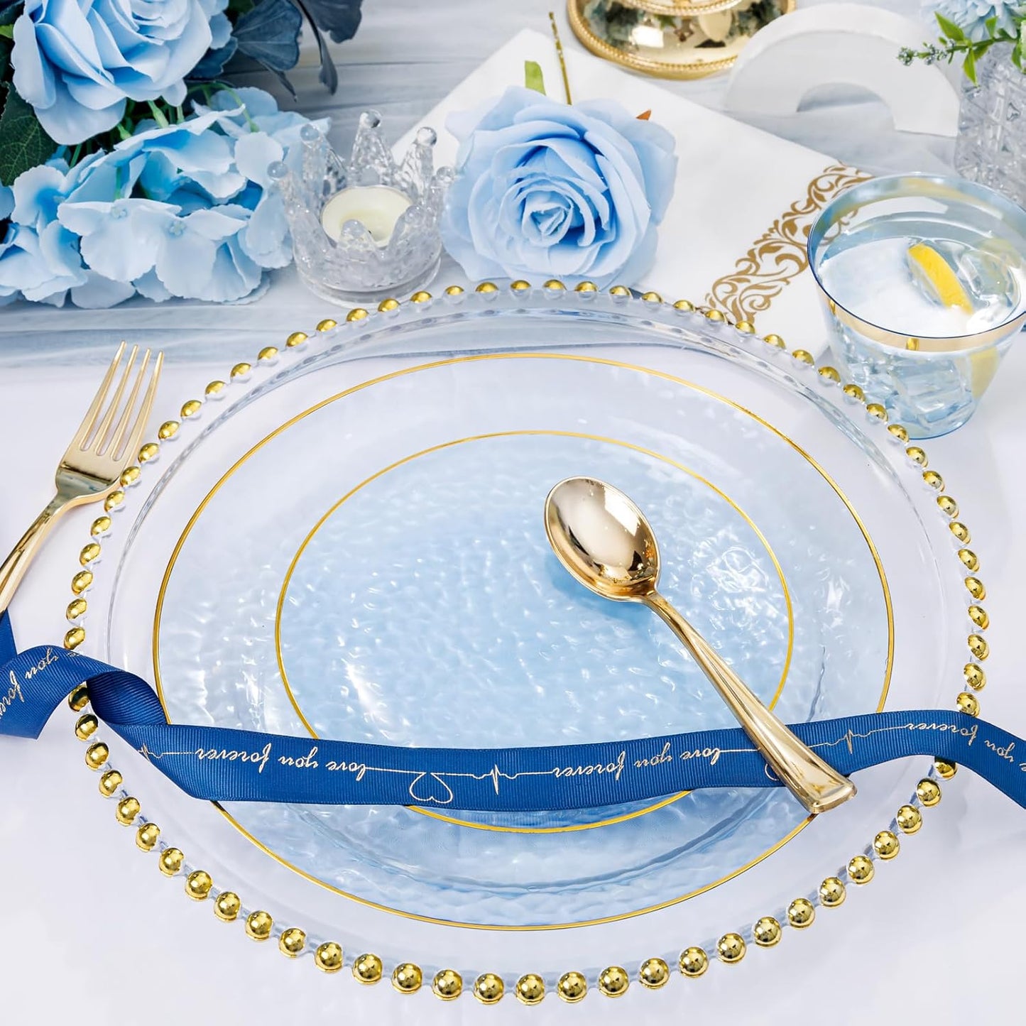 DaYammi 175PCS Clear Blue Gold Plastic Dinnerware Set for 25 Guests, Hammered Disposable Plates for Party, Include: 25 Dinner Plates, 25 Dessert Plates, 75 Gold Silverware, 25 Napkins, 25 Cups