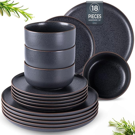 LERATIO Stoneware Dinnerware Sets for 6,Handcarft Ceramic Plates and Bowls Sets,Chip and Scratch Resistant Dishes, Dishwasher & Microwave Safe, Oven safe,Reactive Glaze-Speckled Ashen