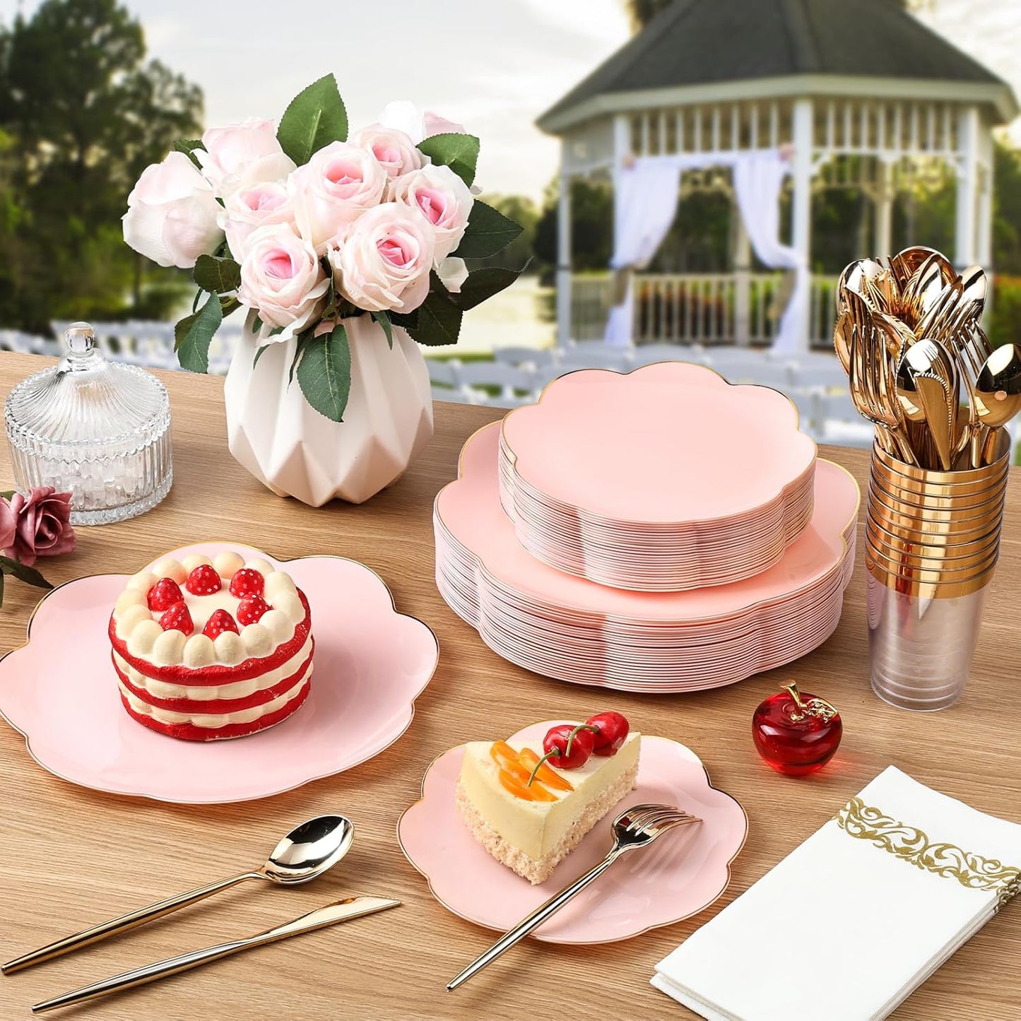 60pcs Pink Plastic Plates with Gold Rim Heavy Duty Scalloped Plastic Plates Disposable Includes:30 Dinner and 30 Dessert Plate Perfect for Birthday and Wedding ,Pink Graduation Decorations 2025