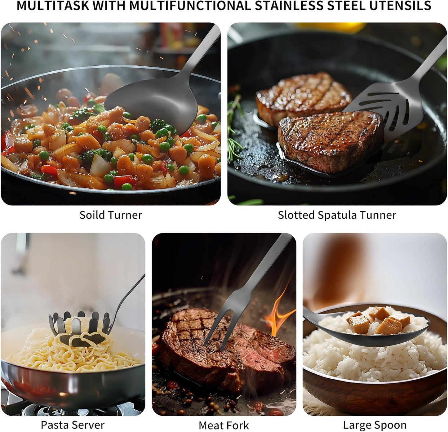 304 Stainless Steel Kitchen Utensil Set - 9pcs Cooking Utensils, Metal Kitchen Utensil Spatula Sets Cookware,High temperature resistance Kitchen Tool Set for Hanging Dishwasher Safe（Black）