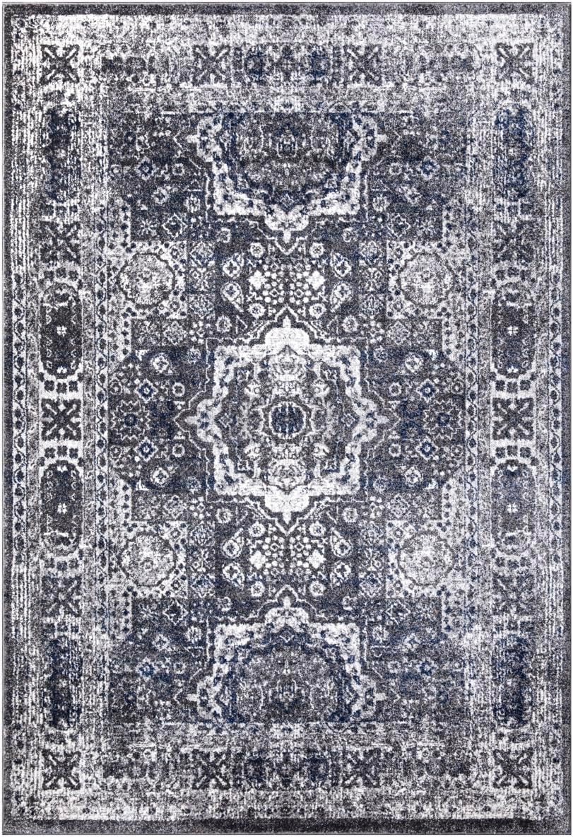 Keen Home Design Area Rugs - Non-Shedding, Thick Pile Abstract Rugs for Kitchen, Living Room, Bedroom, Dining Room, Entryway (Medallion Grey/Blue/Cream, 5'11'' x 9'2'')