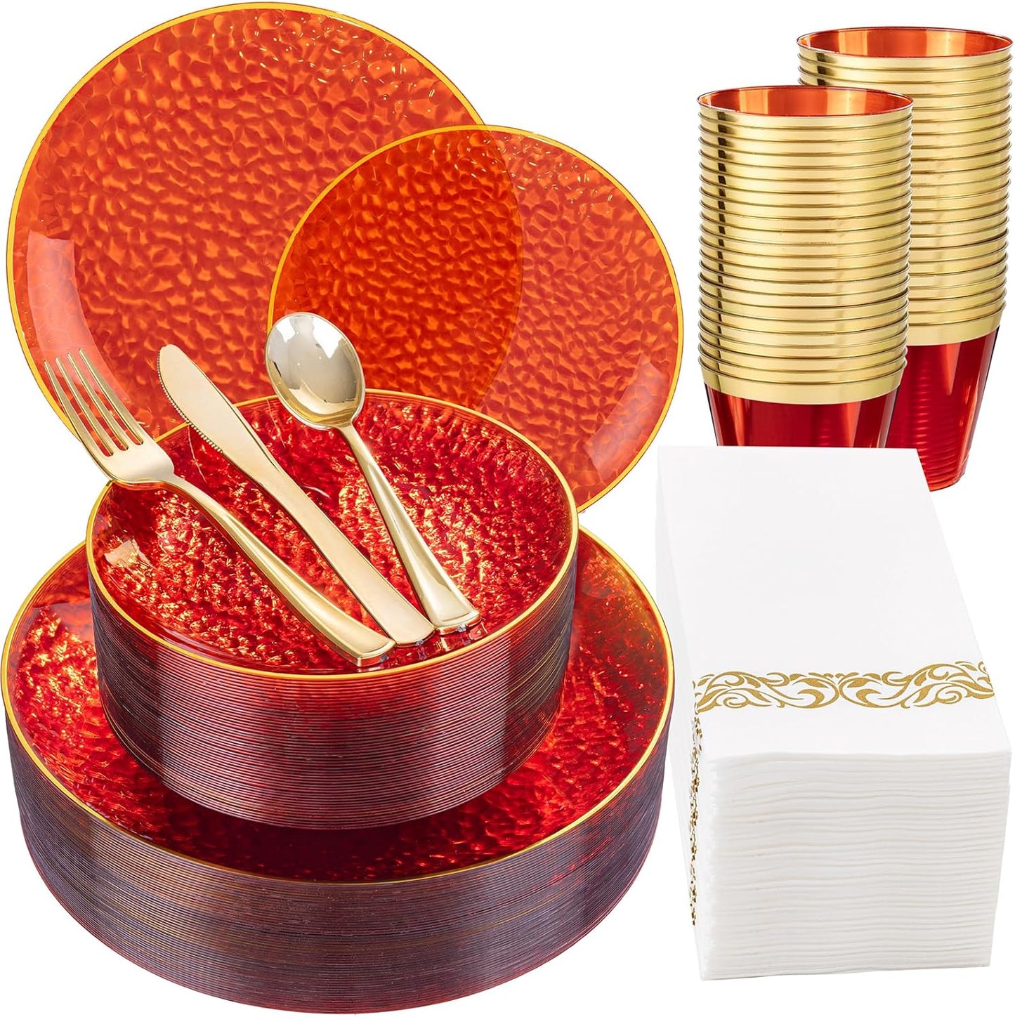 DaYammi 175 Pcs Plastic Dinnerware Set (25 Guests), Clear Red and Gold Plastic Plates, Hammered Party Plates Include Dinner Platos, Dessert Platos, Cups, Gold Cutlery Set And Napkins for Party