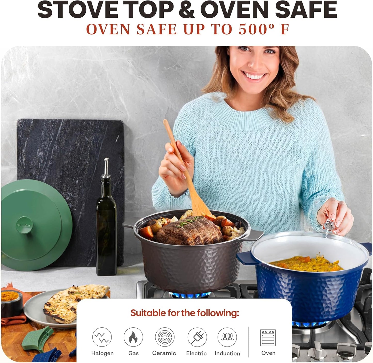 Gotham Steel Hammered 5 Qt Lightweight Dutch Oven Pot with Lid & Holders, Ceramic Non Toxic, Oven Safe & Even Heat Retaining Dutch Oven for Bread Baking Sourdough, Soup, 70% Lighter than Cast Iron