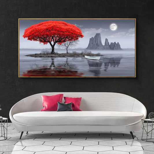 XLSJERST Large Wall Art - Red Tree Living Room Wall Decor Frame Modern Canvas Artwork Moon Landscape Lake Picture for Bedroom Office Black and White Wall Art 58x29 Inches