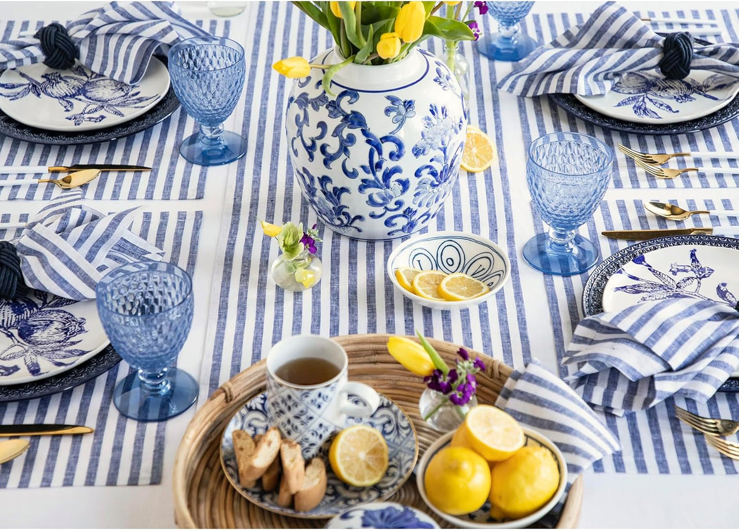 Solino Home Linen Table Runner 108 Inches Long - Amalfi Stripe, 100% Pure Linen Navy and White Table Runner 14 x 108 Inch for Dining, Fall, Autumn, Thanksgiving, Christmas