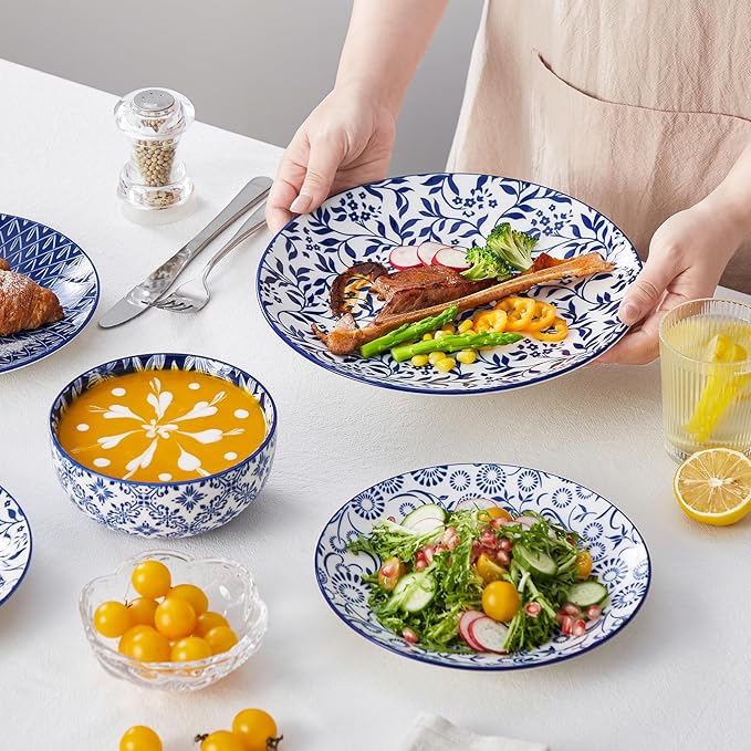 vancasso SELENE Plates and Bowls Set for 4, 12 Pieces Dinnerware Sets, Mircowave and Dishwasher Safe Dishes Set, Porcelain Blue Dinnerware