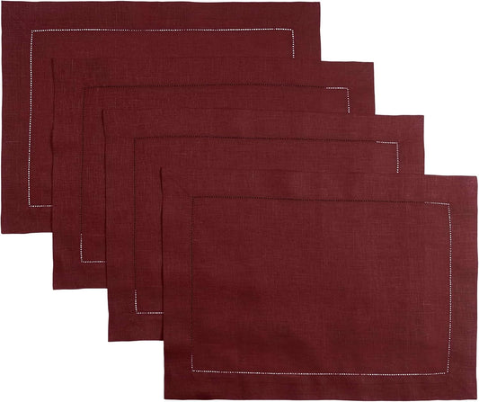 D'Moksha Homes Linen Placemats Set of 4 - Classic Hemstitch Dark Red Placemats 14 x 19 Inch - 100% Pure Linen Table Mats for Fall, Autumn and Halloween - Handcrafted and Machine Washable