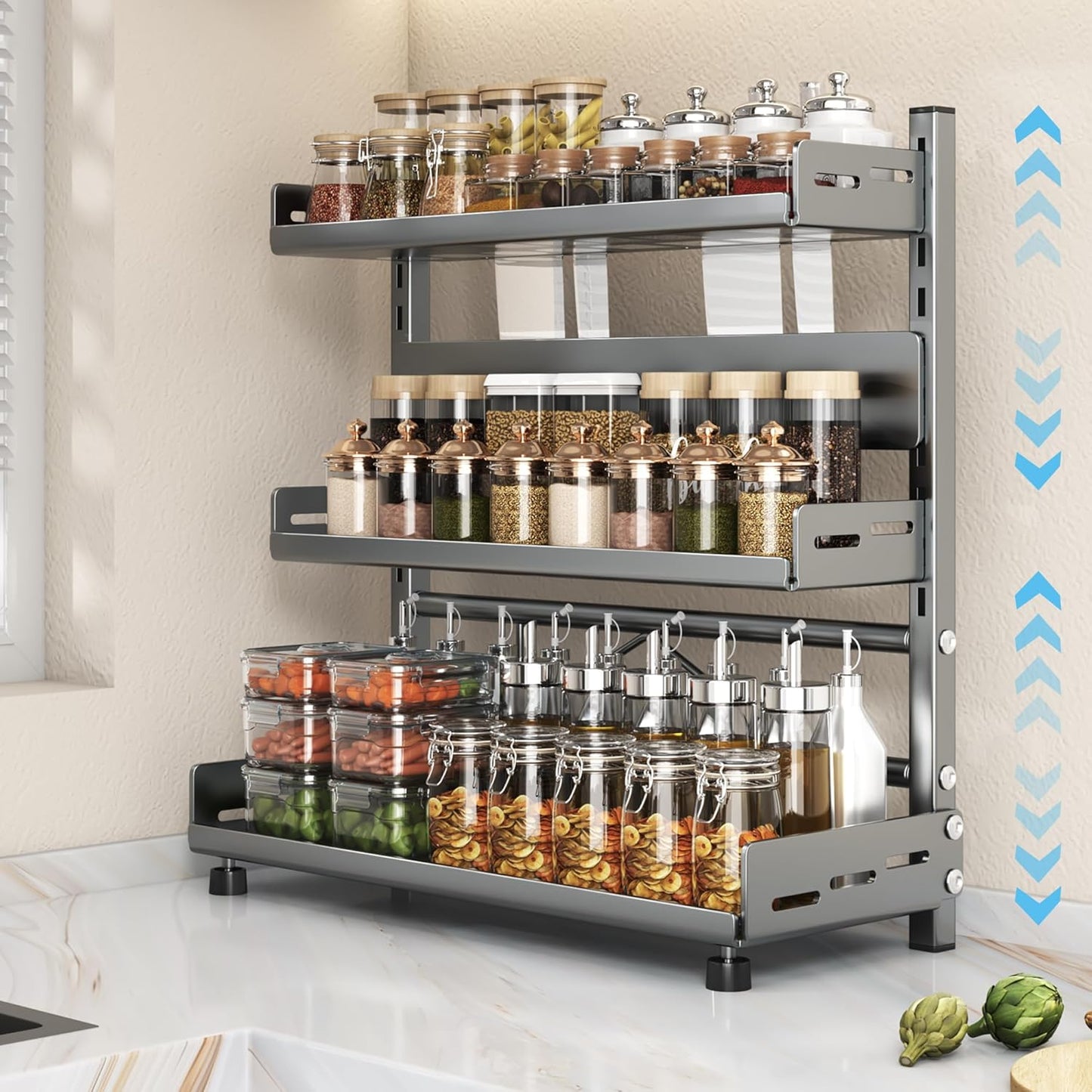 Spice Organization for Cabinet | 3 Tier Standing Height-Adjustable Spice Rack | Large Metal Rust-Proof Seasoning Organizer | Kitchen Storage Organization Shelf for Pantry Bathroom (3-40CM Grey)