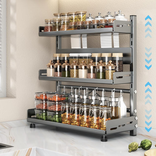 Spice Organization for Cabinet | 3 Tier Standing Height-Adjustable Spice Rack | Large Metal Rust-Proof Seasoning Organizer | Kitchen Storage Organization Shelf for Pantry Bathroom (3-40CM Grey)