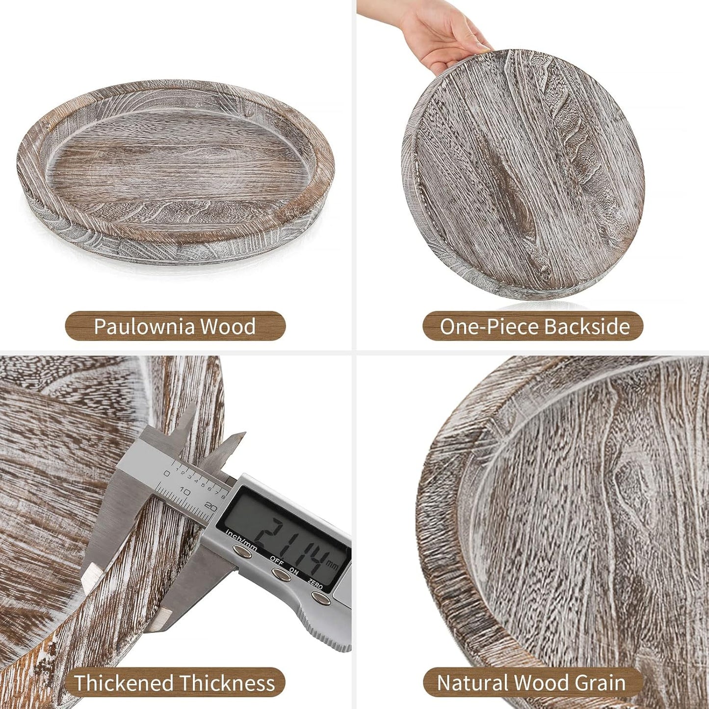 Hanobe Rustic Wooden Serving Tray Set of 2 Round Wood Butler Decorative Tray Whitewash Centerpiece Candle Holder Trays Farmhouse Ottoman Tray for Decor Kitchen Counter Home Decor for Coffee Table