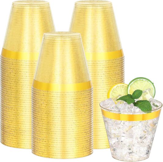 100 Pcs 9oz Glitter Gold Plastic Cups,9Oz Gold Rimmed Plastic Cups With Glitter Golden,Heavy Duty Clear Disposable Plasitc Cocktail Tumblers Wine Cup for Party,Wedding,Birthday,Christmas