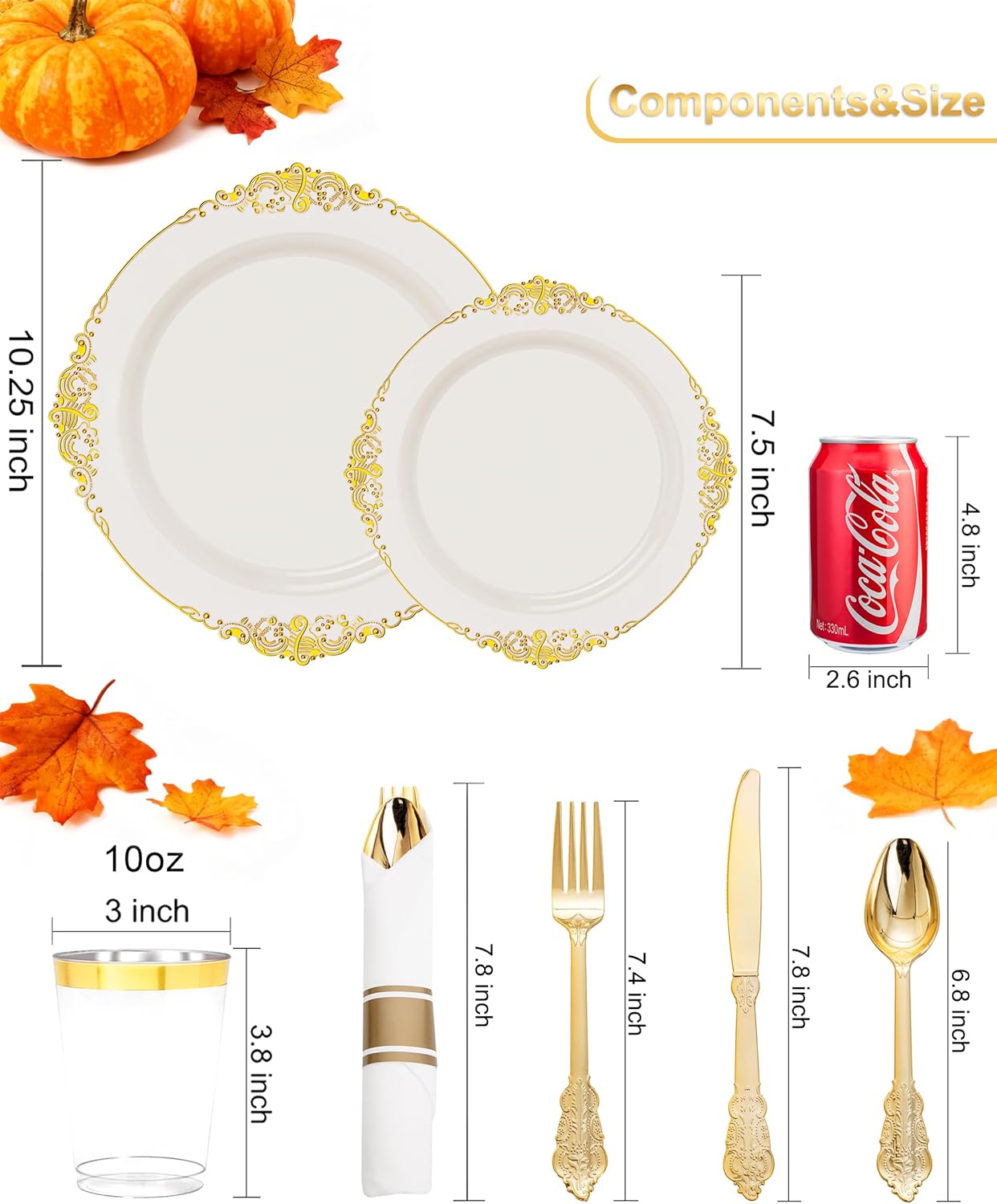 Nervure 350PCS Ivory Plastic Plates - Ivory Gold Plastic Dinnerware Sets for 50 Guests - 100 Gold Disposable Plates, 50 Pre Rolled Silverware Sets, 50 Cups Perfect for Wedding & Thanksgiving
