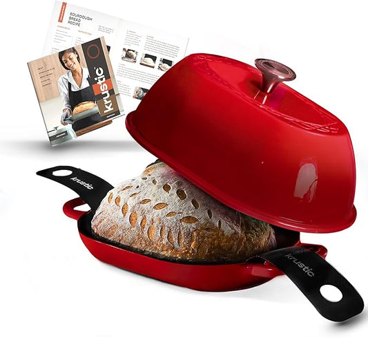 Enameled Cast Iron Dutch Oven for Professional Sourdough Bread Baking | 5.5 Quart Loaf Size Oval Cookware Pot with Lid | Triple-Layer Enamel Coating Pan with Non Stick Silicone Mat |Red