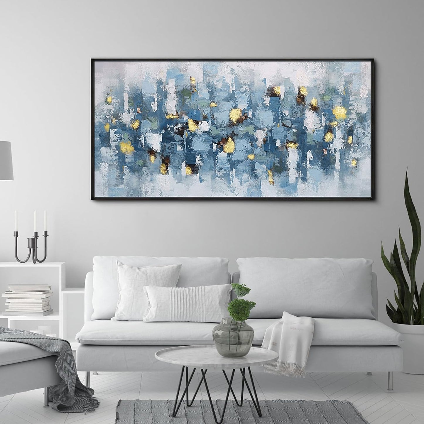 KLAKLA Blue and White Abstract Wall Art - Living Room Wall Decor Gold Picture Artwork for Walls Prints Paintings Framed Canvas Bedroom Office Guest Room Home Decoration 48x24 Inches
