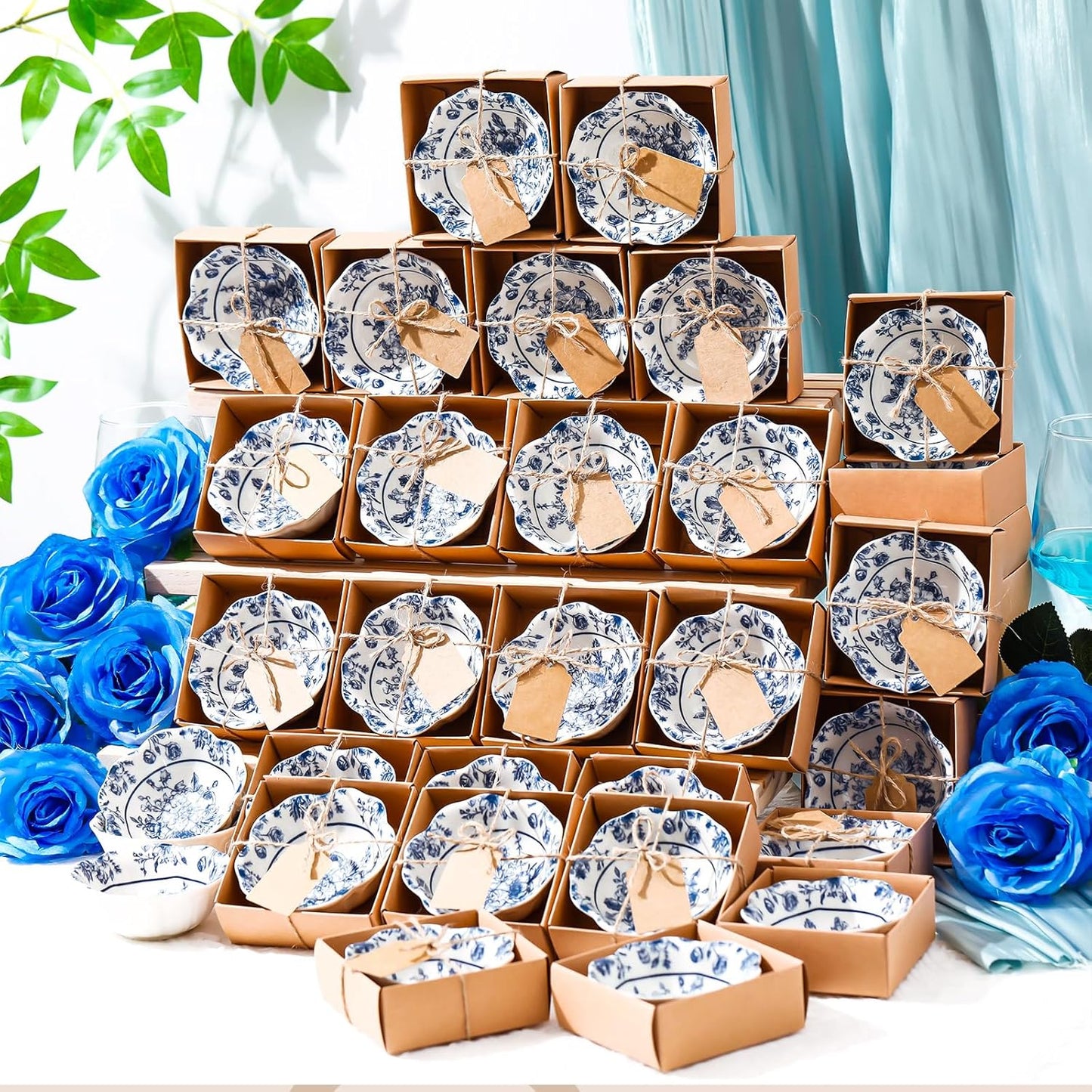 48 Pcs Wedding Favors for Guests Small Ceramic Bowl Bulk Gifts Set 3.3 Inch Floral Design Mini Dipping Bowl Sauce Dish with Cards Box for Bridal Baby Shower Birthday Guest Gift (Blue)