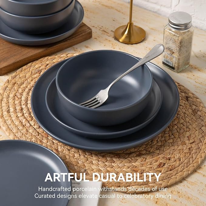 12-Piece Matte Blue Dinnerware Set,Stoneware Dinnerware for 4, Microwave & Dishwasher Safe, Stackable Design for Kitchen and Dining - Plates and Bowls