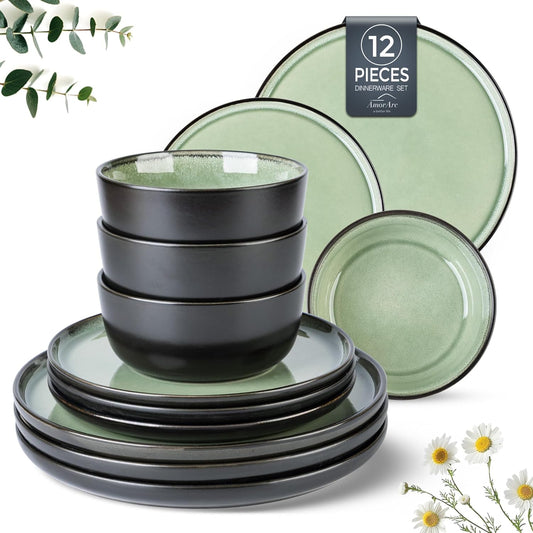 AmorArc Stoneware Dinnerware Sets,Round Reactive Glaze Plates and Bowls Set,Highly Chip and Crack Resistant | Dishwasher & Microwave Safe Dishes Set,Service for 4 (12pc)