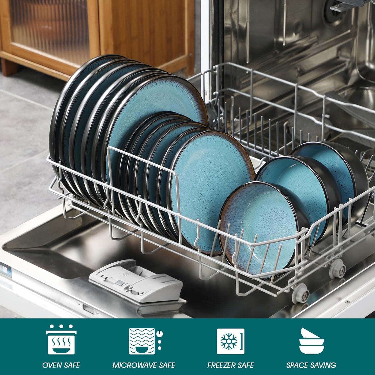 vancasso Plates and Bowls Sets, 18 Pieces Stoneware Dinnerware Sets for 6, Kitchen Dish Set Mircowave and Dishwasher Safe Dinner Set Ceramic Dishware, Sky Blue, Series AMBER