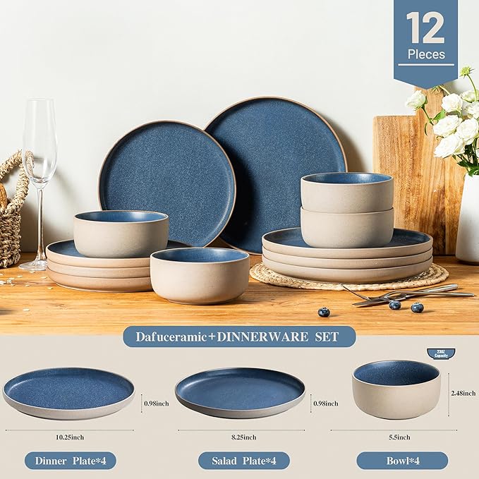 12 Pieces Dinnerware Sets,Plates and Bowls Sets,Handmade Reactive Glaze Dishes Set for 4 with at Least 10% Recycled Ceramic and the Raw Texture of the Clay (Reactive-Blue)