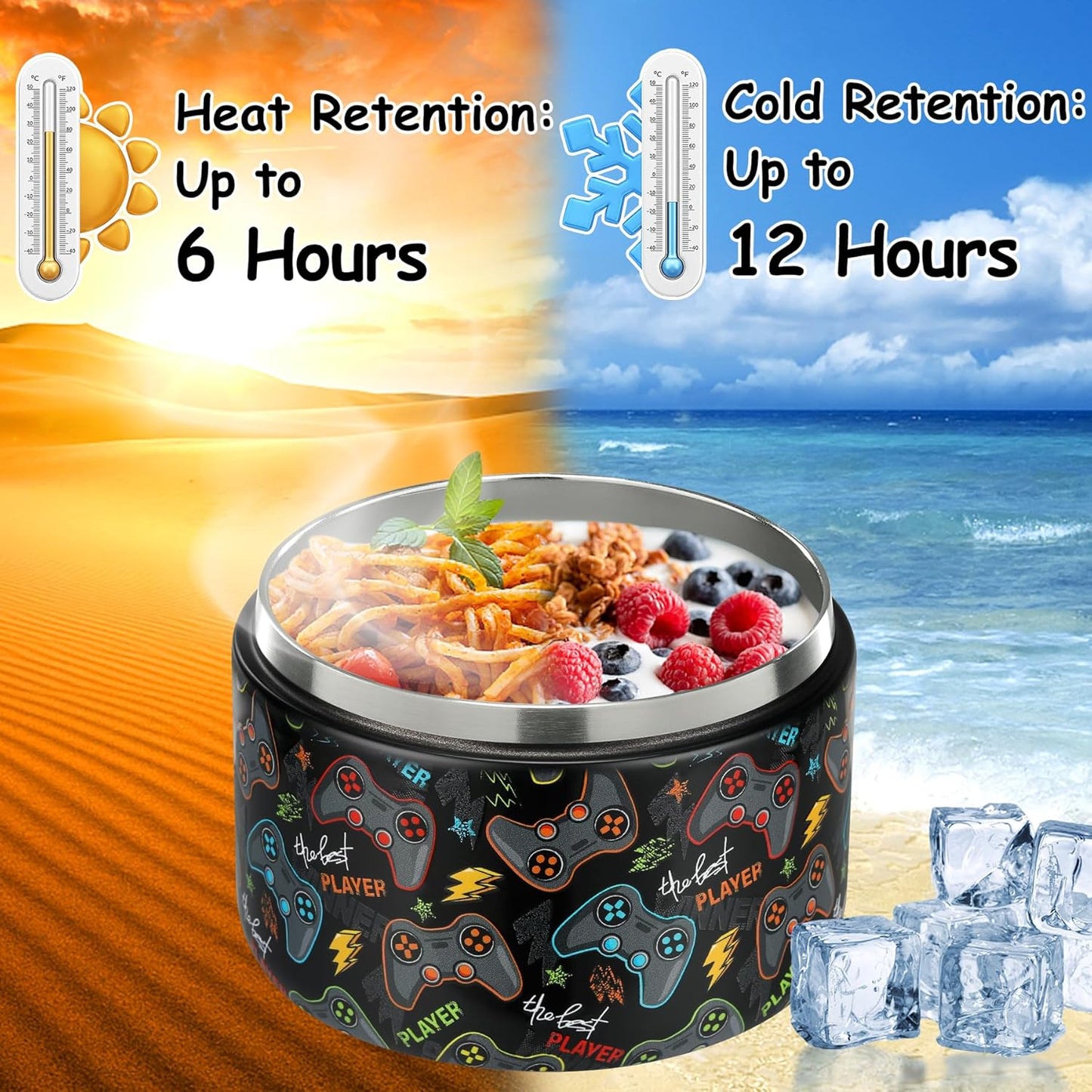 12oz Insulated Vacuum Food Jar with Buckle Lid Wide Mouth Soup Thermo for Hot Food Kids Leakproof Stainless Steel Lunch Container (Black-Game)