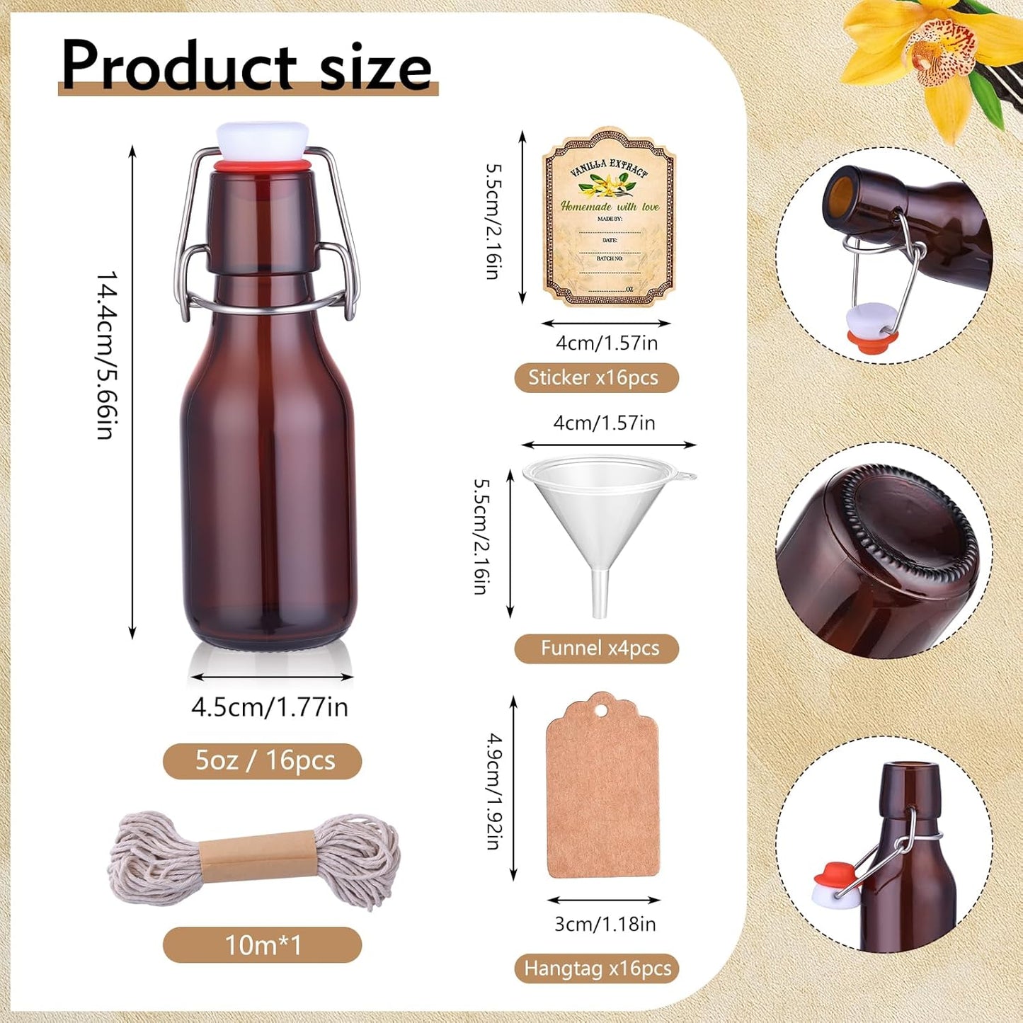 tchrules 16 Brown Vanilla Extract Bottles 5oz Swing Top Glass Bottle for Vanilla Extract Homemade, Gift Giving, Small Glass Bottles for Food Storage Canister for Bean Sauce Spice