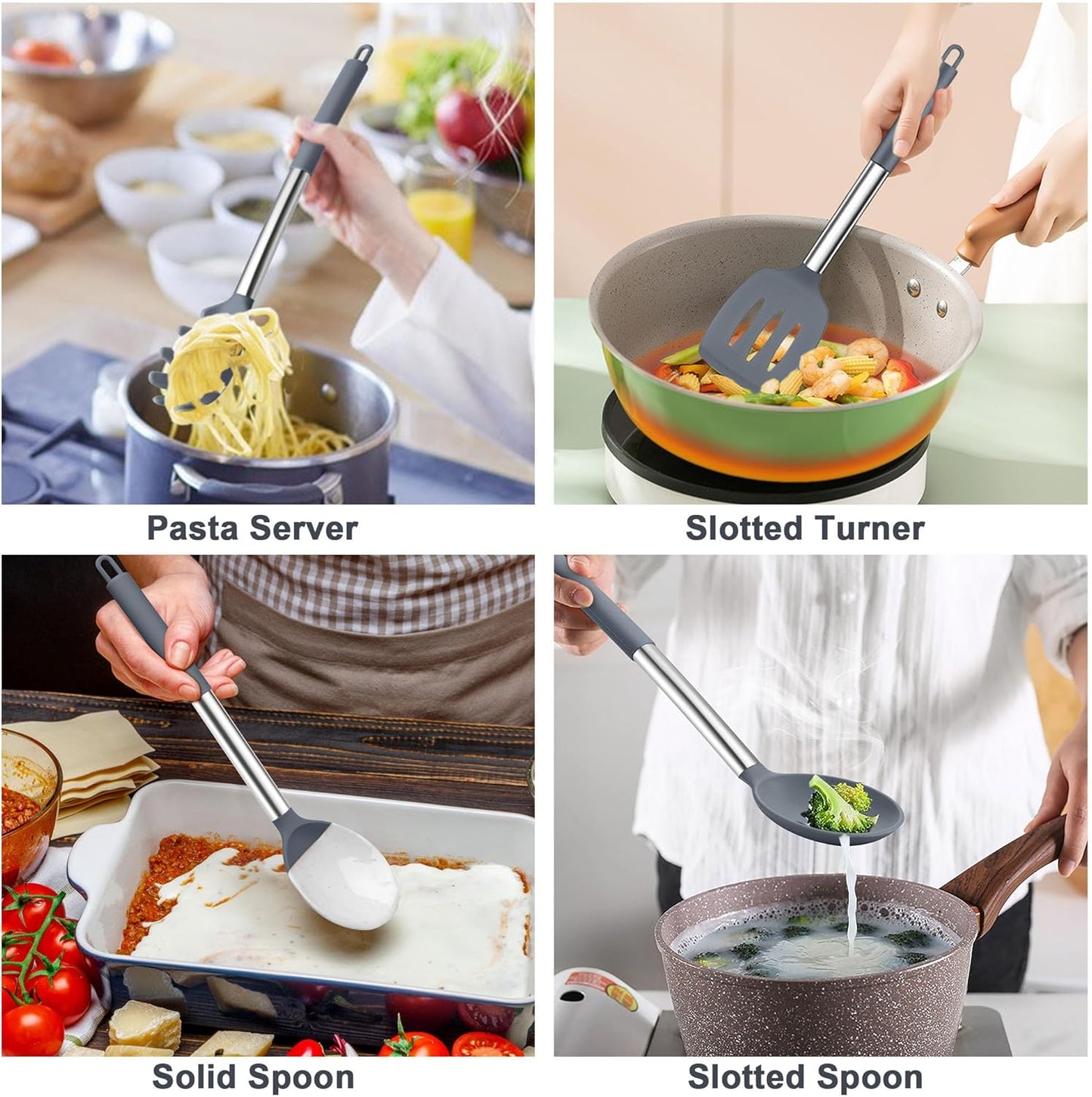 TeamFar Silicone Cooking Utensils Set, 5 PCS Heat-Proof Kitchen Utensils with Stainless Steel Handle, Turner/Spoon/Pasta Server for Nonstick Cookware Frying Flipping Draining, Light Grey