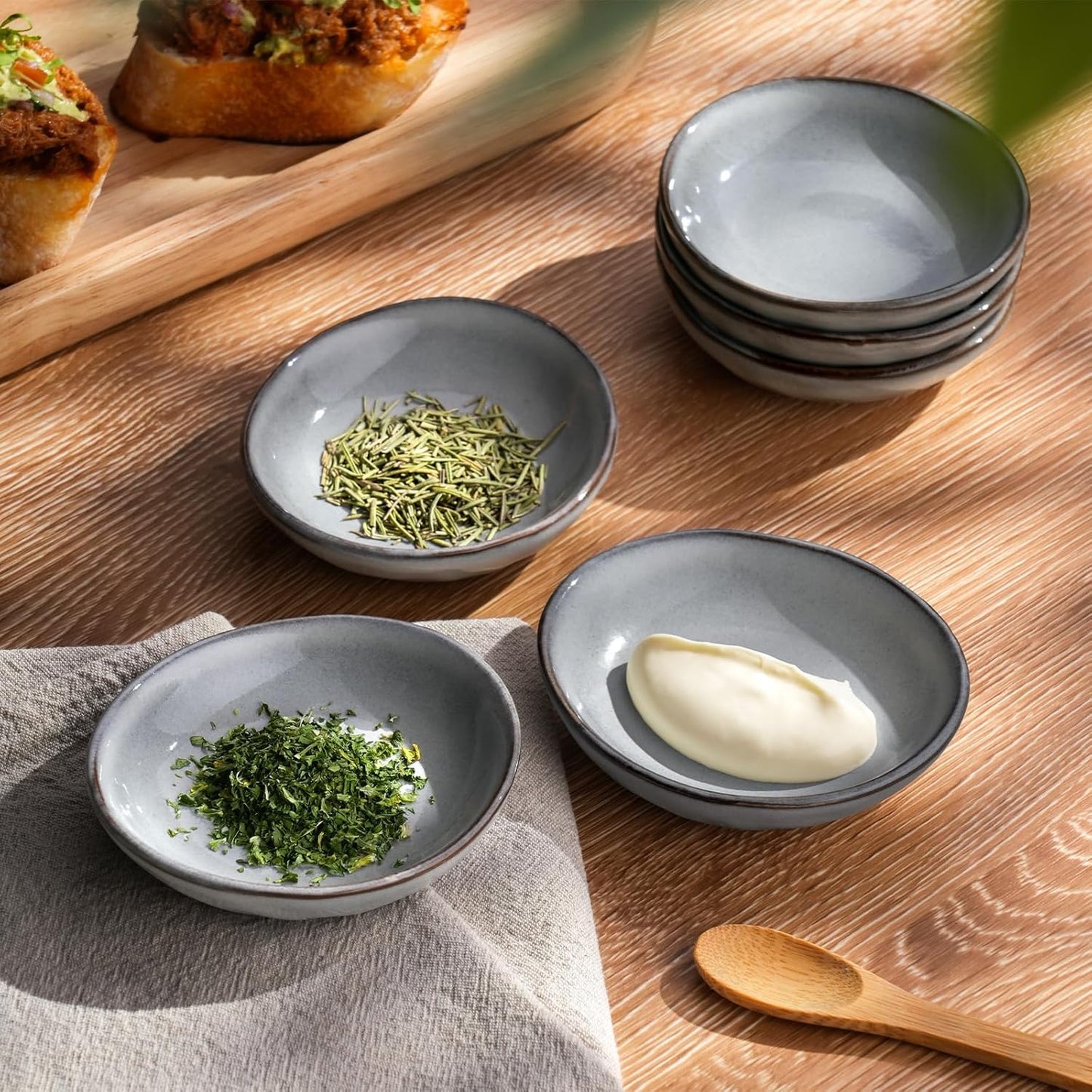 famiware Ocean Soy Sauce Dishes of 6, Oval Dipping Sauce Cups/Bowls/Dishes for Kitchen, 2.1oz Ceramic Small Bowls for Side Dish, Appetizers, Snacks, and Sushi, Reactive Glaze, Dishwasher Safe, Grey