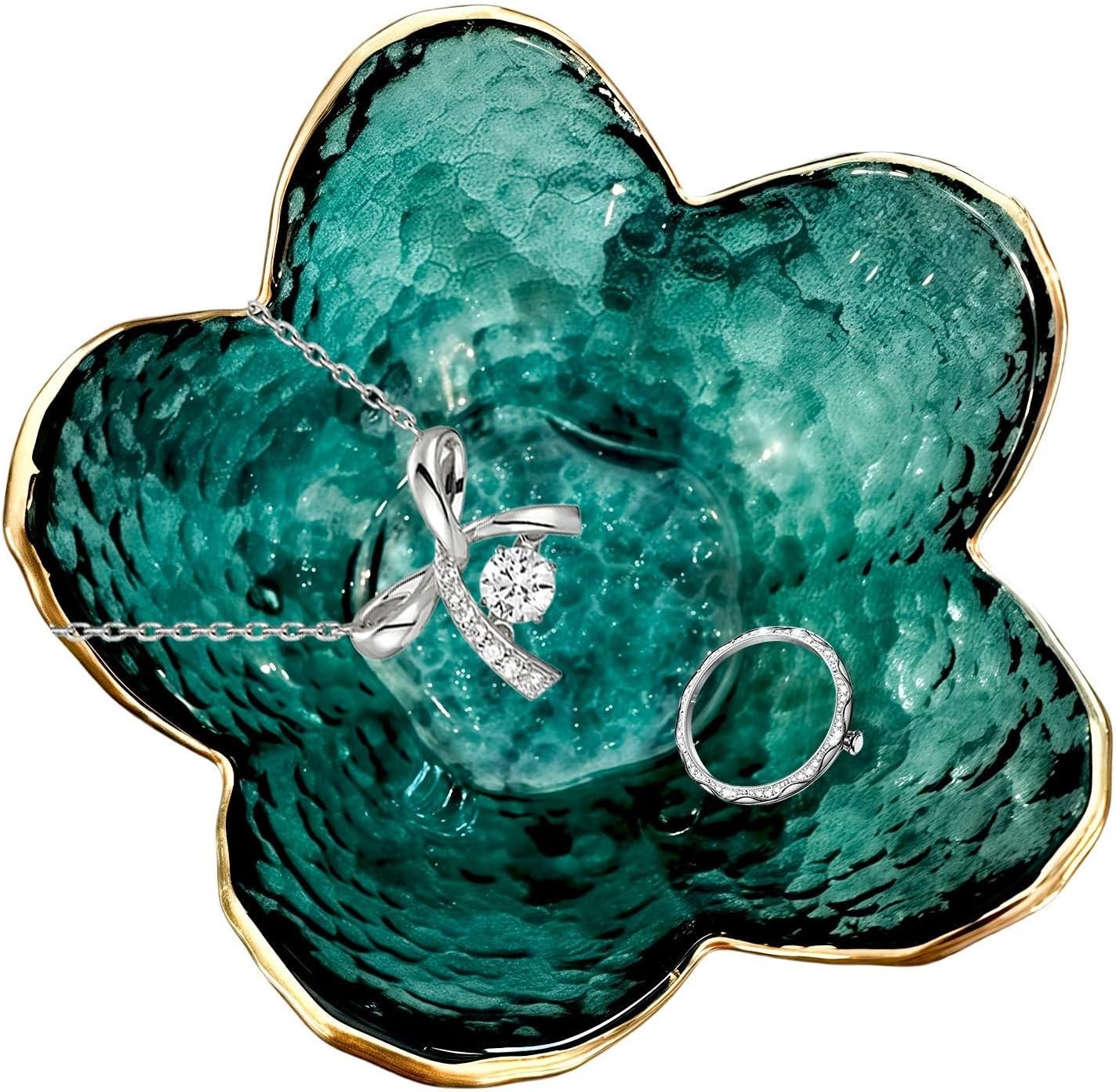Small Green Flower Jewelry Dish, Glass Jewelry Ring Tray Trinket Bowl, Nightstand Decor Ring Holder for Women, Home Decor Gifts for Women, Wedding, Birthday, Mothers Day, Christmas, Thanksgiving